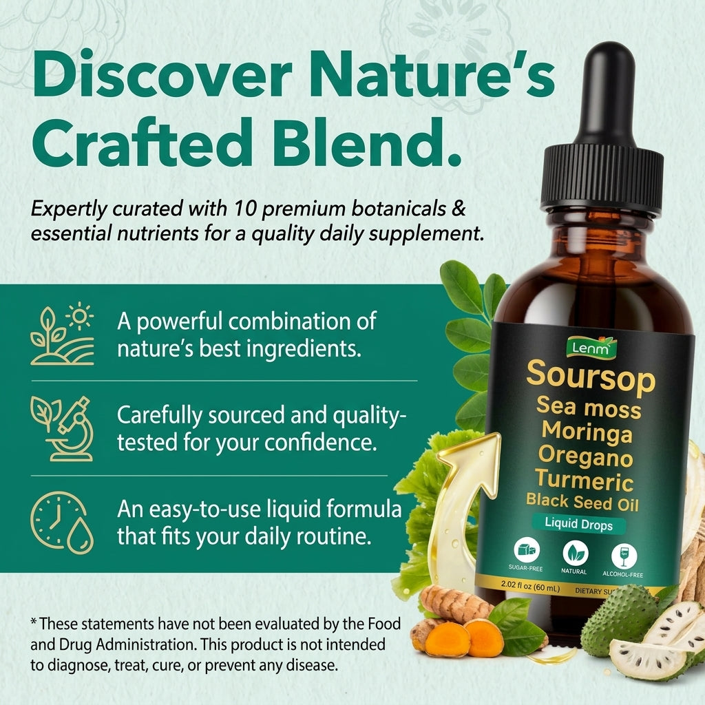 Lenm Soursop Drops with added vitamins C and D, vegan and gluten free liquid supplement