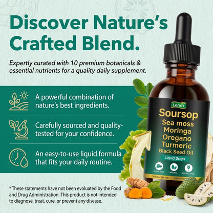 Lenm Soursop Drops with added vitamins C and D, vegan and gluten free liquid supplement