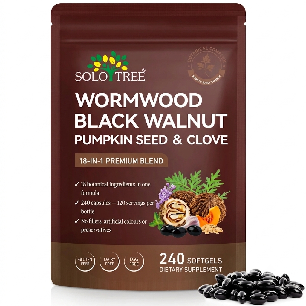Solo Tree Wormwood, Black Walnut, Pumpkin Seed and Clove 18-in-1 botanical softgels pouch, 240 softgels, 80 servings