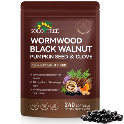 Solo Tree Wormwood, Black Walnut, Pumpkin Seed and Clove 18-in-1 botanical softgels pouch, 240 softgels, 80 servings