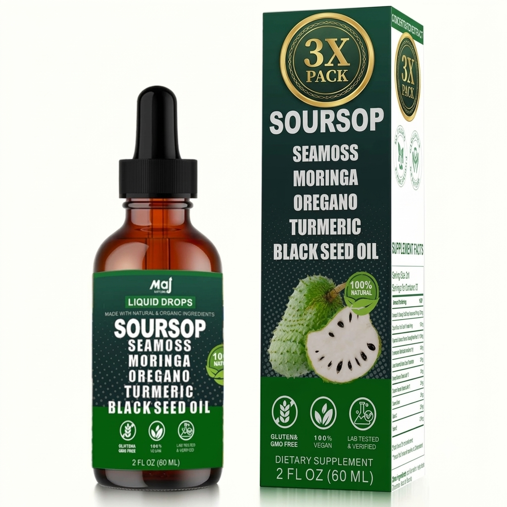 Maj Natural Soursop Drops 2000mg 3-Pack | Sea Moss, Moringa & Black Seed Oil | 90 Servings AU