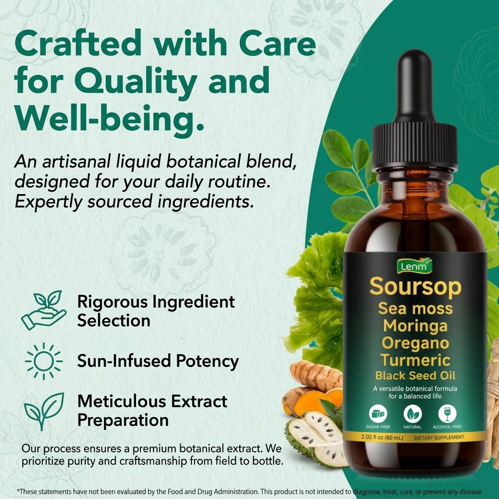 Lenm Soursop Drops botanical ingredients including Irish sea moss, moringa leaf, turmeric and oregano