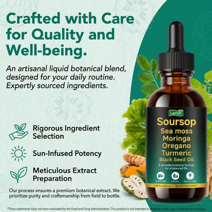 Lenm Soursop Drops botanical ingredients including Irish sea moss, moringa leaf, turmeric and oregano