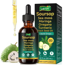 Lenm Soursop Drops supplement facts panel showing vitamin C, vitamin D, soursop fruit, black cumin seed oil and sea moss amounts