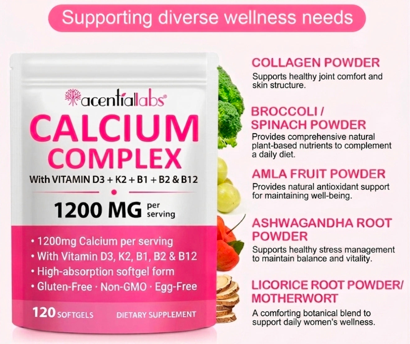 Acential Labs Calcium Complex 1200mg with Vitamin D3, K2, B1, B2 & B12 — High-Absorption Softgels | 120 Softgels