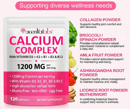 Acential Labs Calcium Complex 1200mg with Vitamin D3, K2, B1, B2 & B12 — High-Absorption Softgels | 120 Softgels
