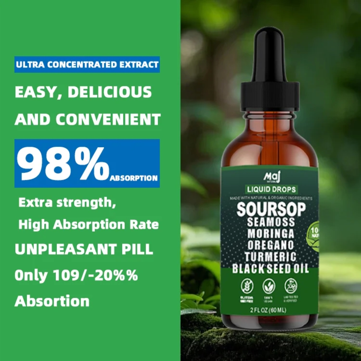 Maj Natural Soursop Liquid Drops with Sea Moss, Moringa & Black Seed Oil — 3 Pack Bundle | 90 Servings