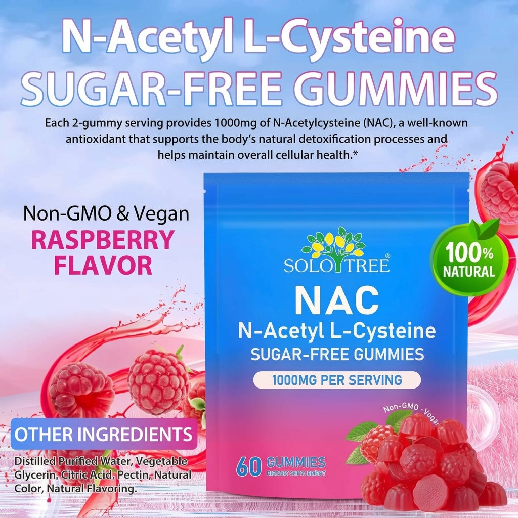 Solo Tree NAC Gummies 1000mg | N-Acetyl L-Cysteine | Sugar-Free Raspberry | 60 Gummies