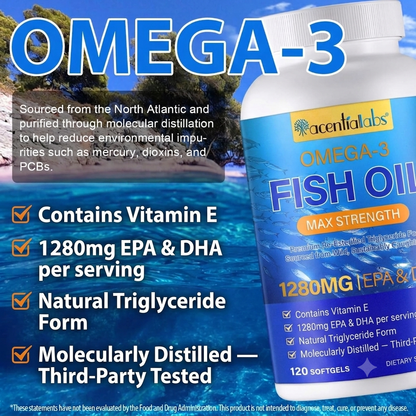 Acential Labs Omega-3 Fish Oil supplement, wild caught anchovy sardine mackerel and herring oil, 120 softgels