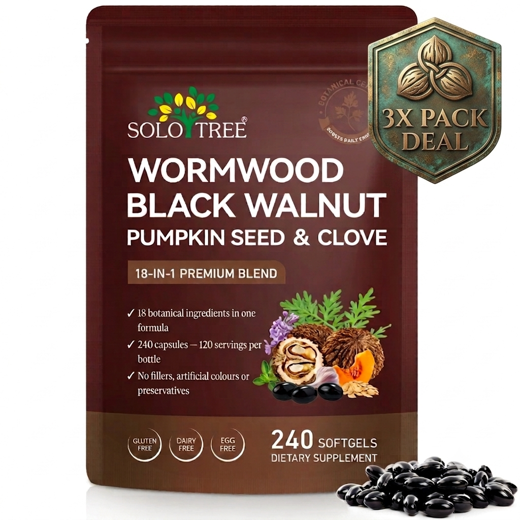 Solo Tree Wormwood, Black Walnut, Pumpkin Seed and Clove 18-in-1 softgels 3 pack bundle, three pouches, 720 softgels total