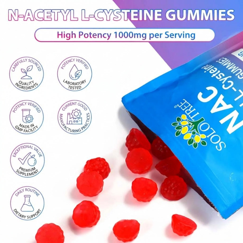 Solo Tree NAC Gummies 1000mg | N-Acetyl L-Cysteine | Sugar-Free Raspberry | 60 Gummies
