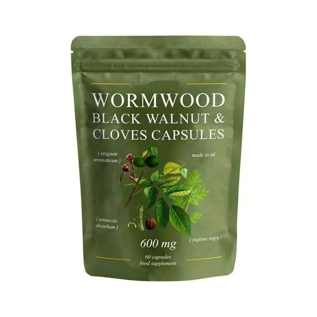 Green foil pouch of Wormwood, Black Walnut and Clove Capsules 600mg, 60 capsules, front of pack