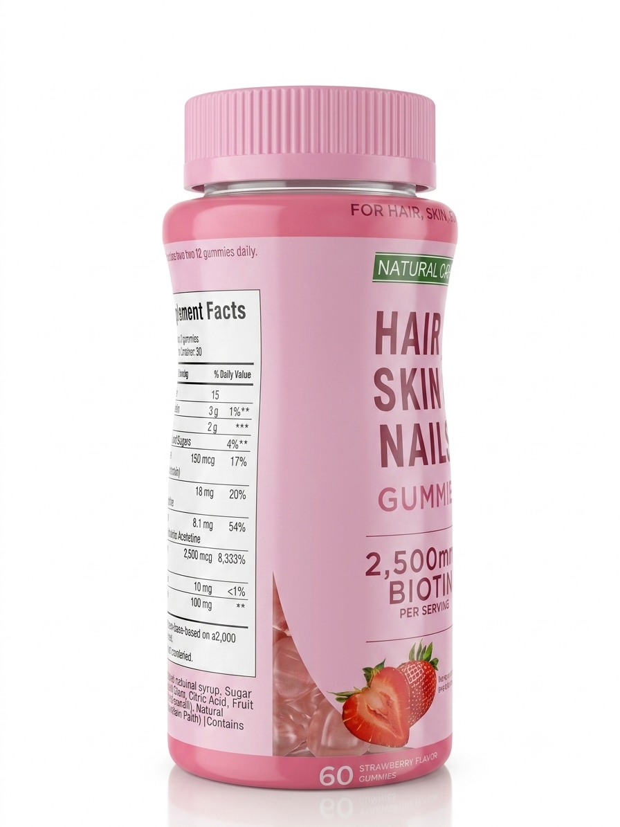Natural Care Biotin Gummies 2,500mcg bottle showing label details, strawberry flavoured, 80 gummies