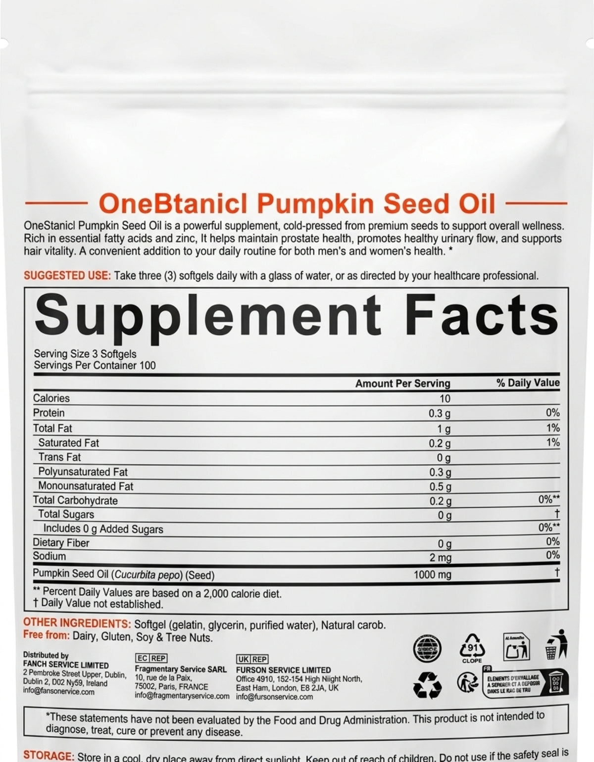 OneBotanic Cold-Pressed Pumpkin Seed Oil 1000mg — 2 Pack Bundle | 600 Softgels
