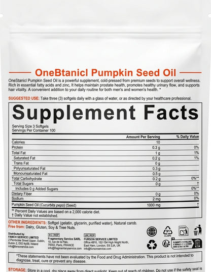 OneBotanic Cold-Pressed Pumpkin Seed Oil 1000mg — 2 Pack Bundle | 600 Softgels
