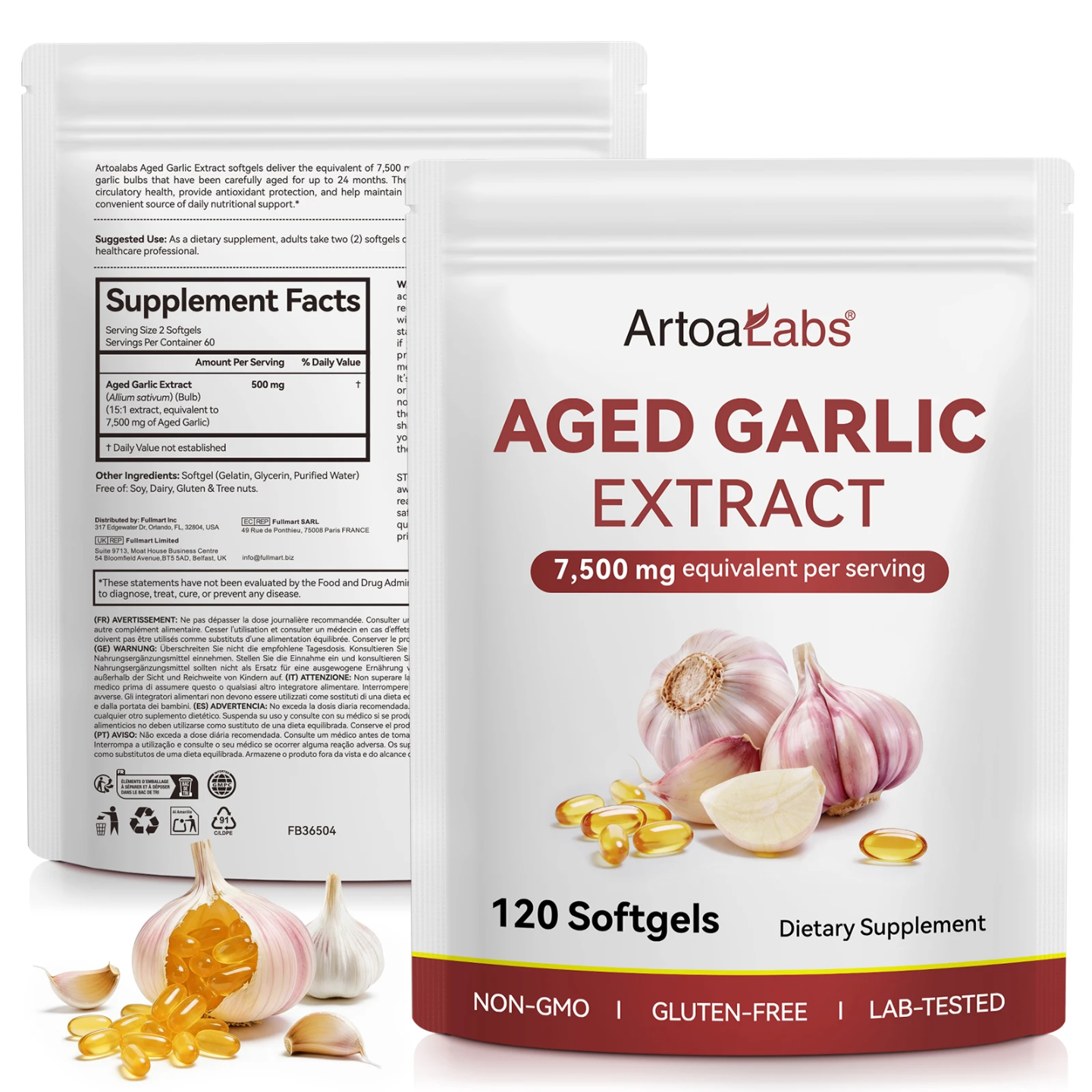 Aged Garlic Extract supplement facts: 500mg aged garlic extract per 2 softgel serving, 60 servings per pouch