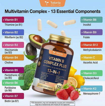 Totaria Vitamin B Complex Plus supplement facts - 2 capsule serving, 60 servings