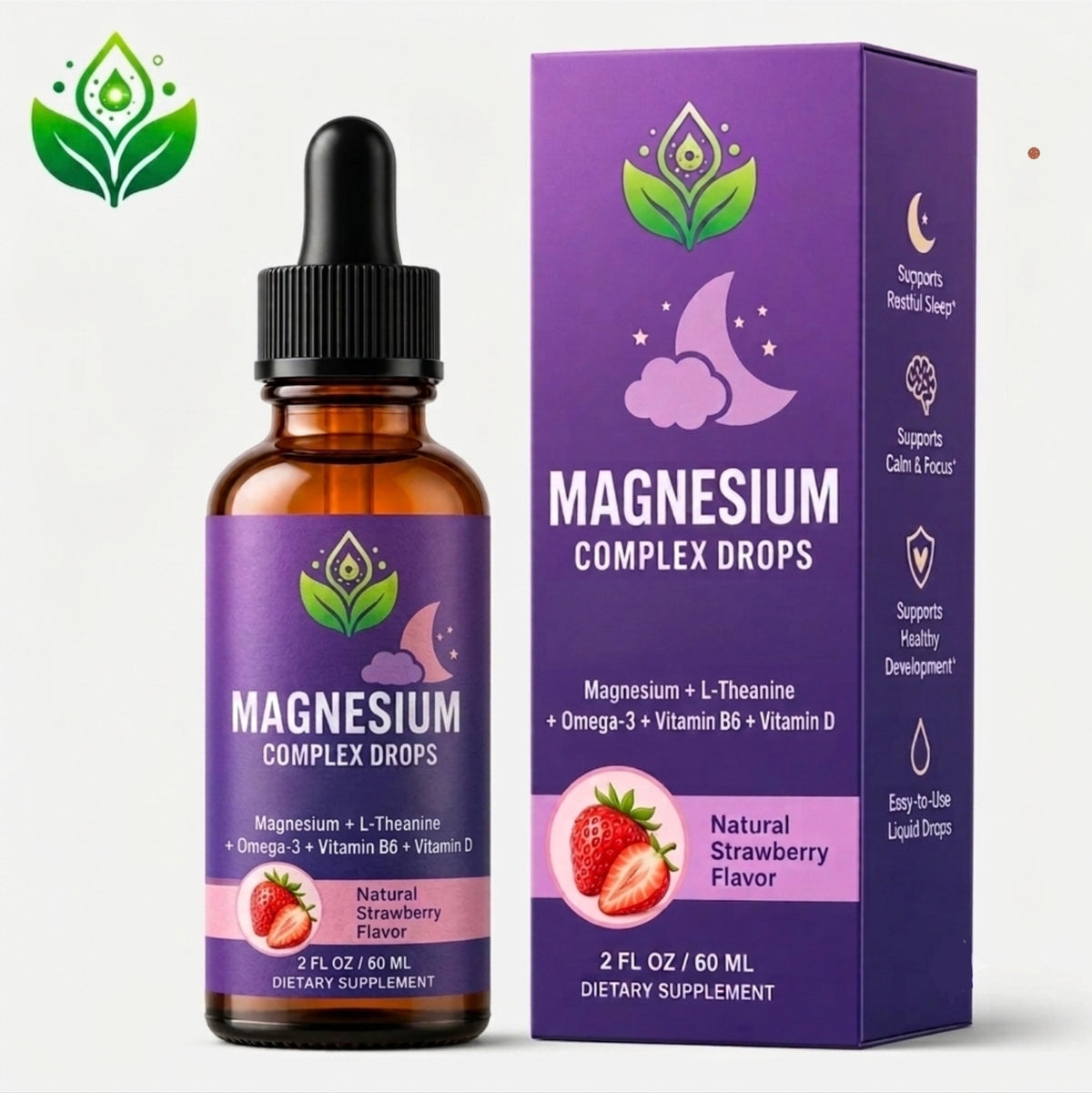 Magnesium Complex Drops 60mL strawberry with dropper bottle and retail box, magnesium with L-theanine, omega-3 chia seed oil, vitamin B6 and vitamin D