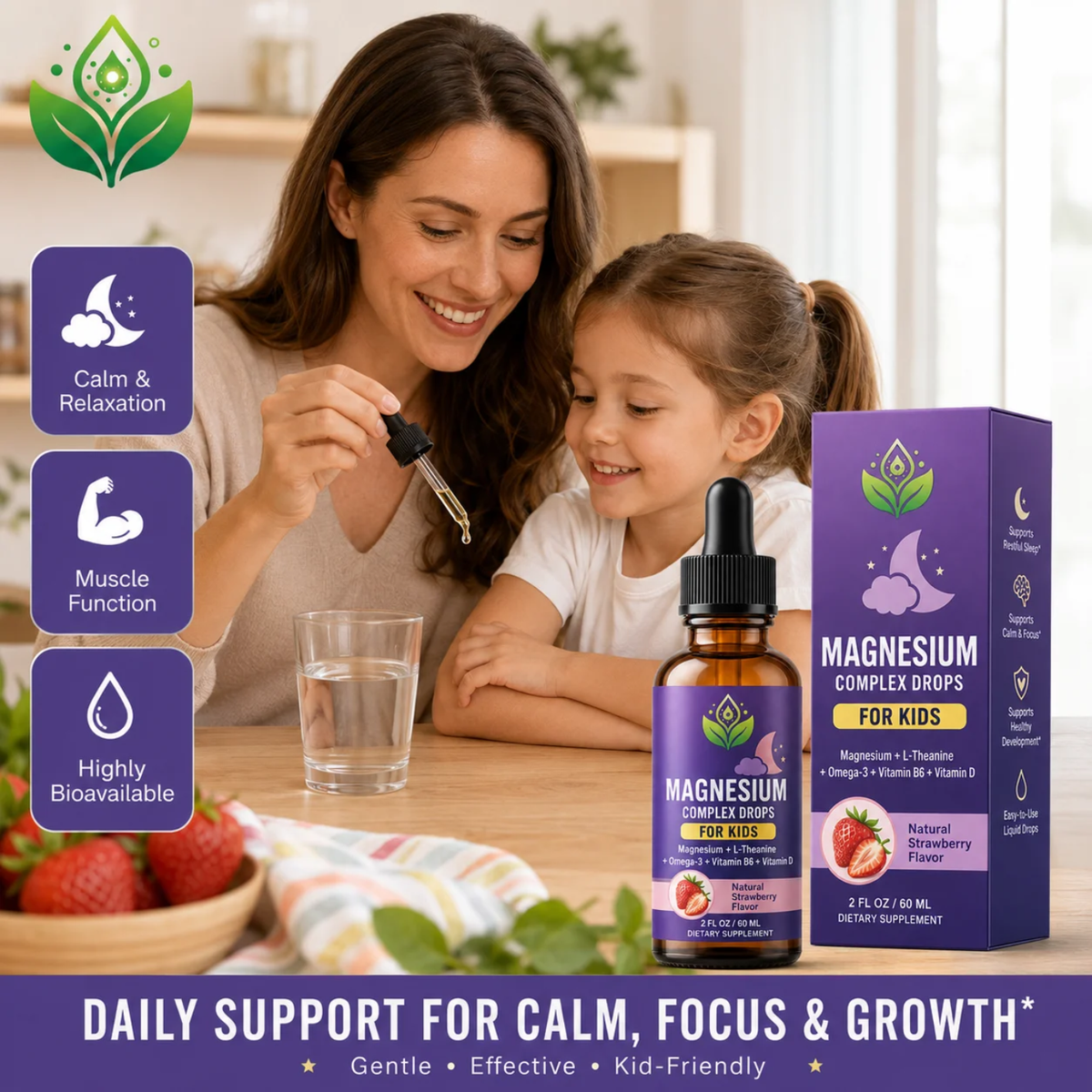Magnesium Complex Drops with L-Theanine, Omega-3, B6 & Vitamin D | 60mL Strawberry