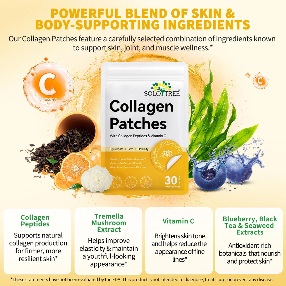 Collagen peptide patch shown applied to clean dry skin, worn for approximately 8 hours