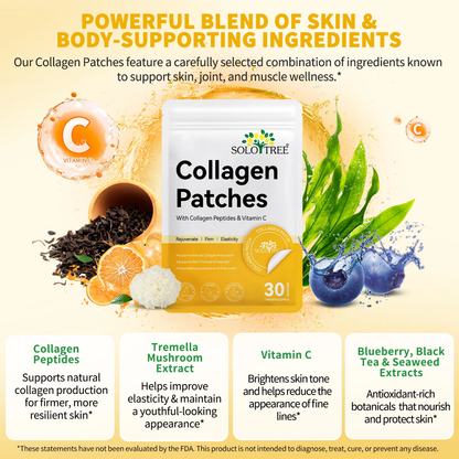 Collagen peptide patch shown applied to clean dry skin, worn for approximately 8 hours