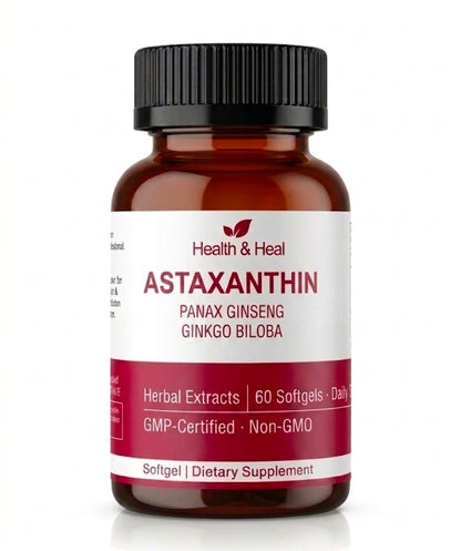 Health & Heal Astaxanthin with Panax Ginseng & Ginkgo Biloba — Daily Antioxidant Botanical Wellness Softgels | 60 Softgels