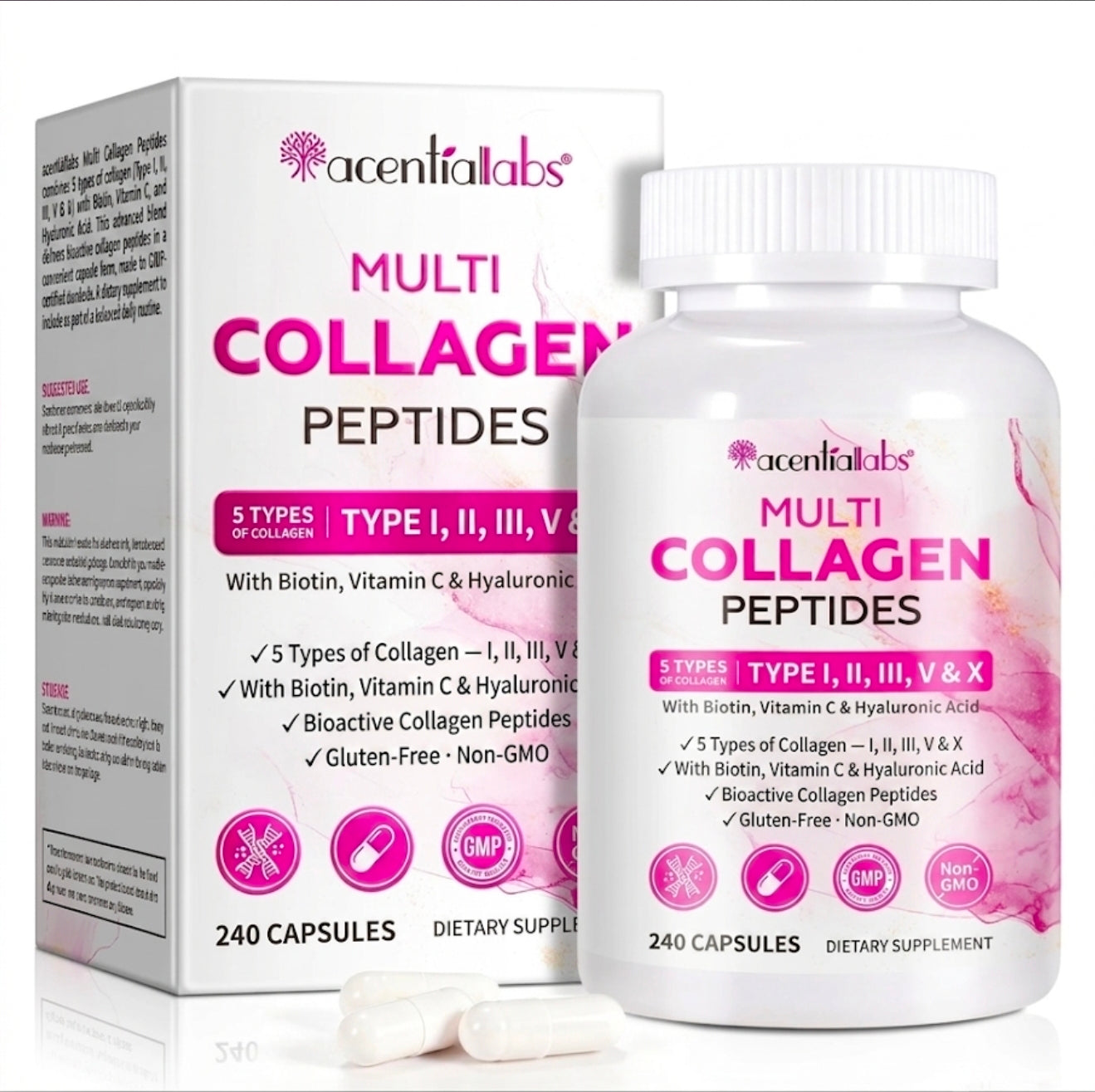 Acential Labs Multi Collagen Peptides — Type I, II, III, V & X with Biotin, Vitamin C & Hyaluronic Acid | 240 Capsules