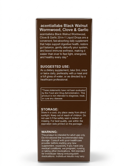 Acential Labs Black Walnut, Wormwood, Clove & Garlic Liquid Drops — 20-in-1 Herbal Blend | 60mL