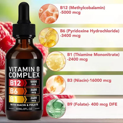 Vitamin B Complex drops ingredient breakdown showing B12 methylcobalamin, B6 pyridoxine hydrochloride, B1 thiamine mononitrate, B3 niacin and B9 folate amounts per serving