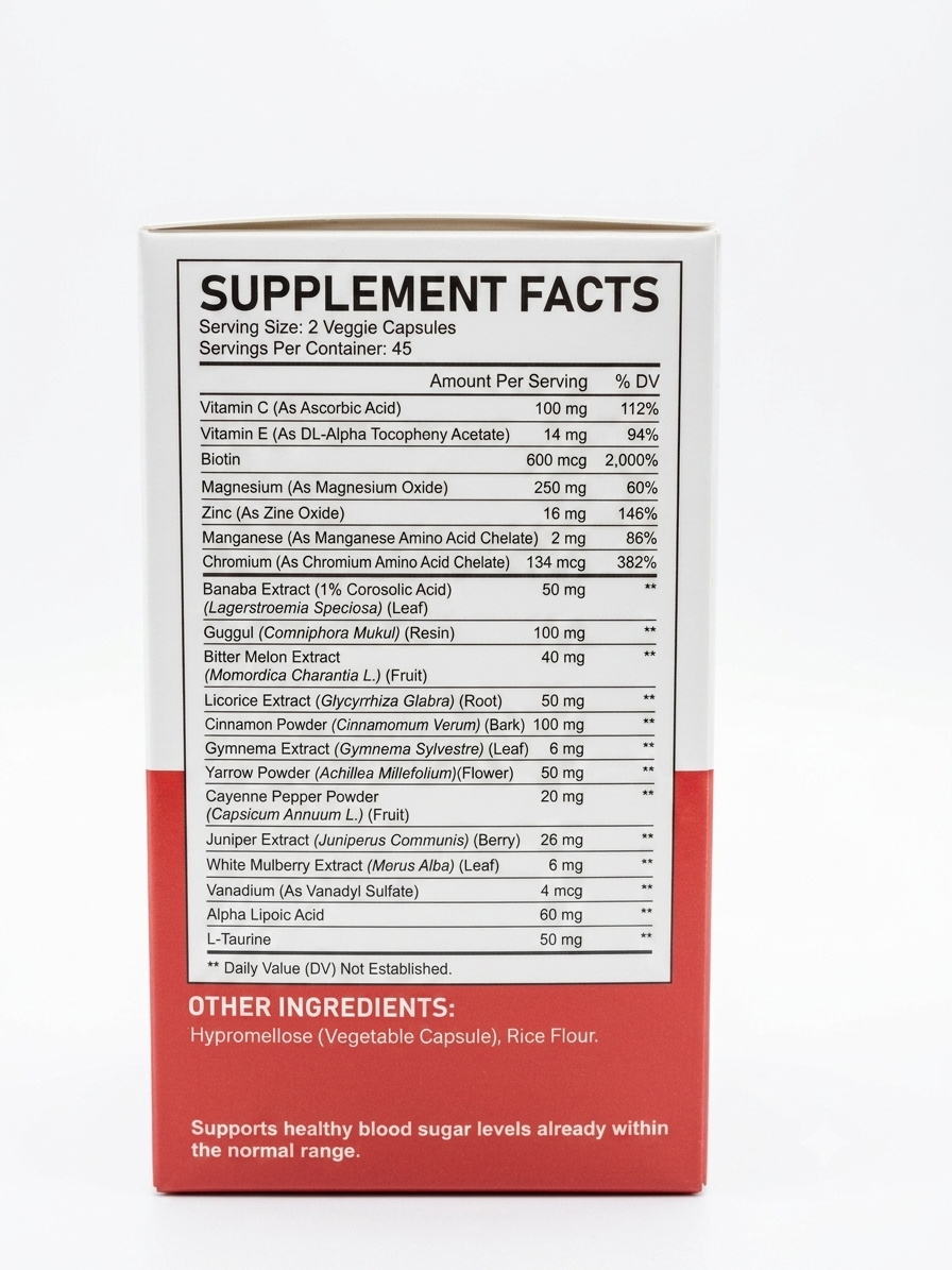 Acential Labs Chromium and Botanical Complex supplement box, 90 vegetable capsules, 45 servings