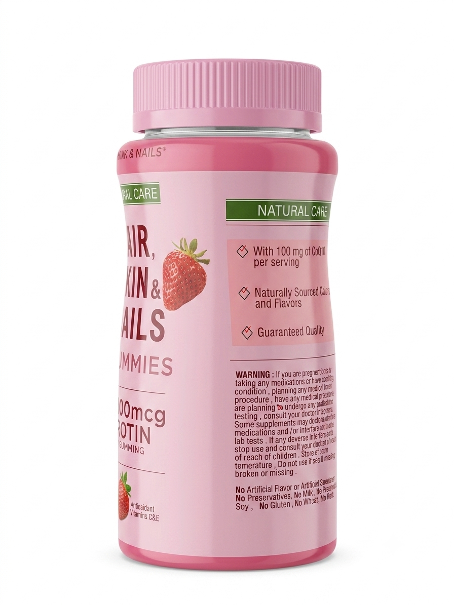 Natural Care Biotin Gummies 2,500mcg with vitamins C and E, pink bottle, 80 strawberry flavoured gummies