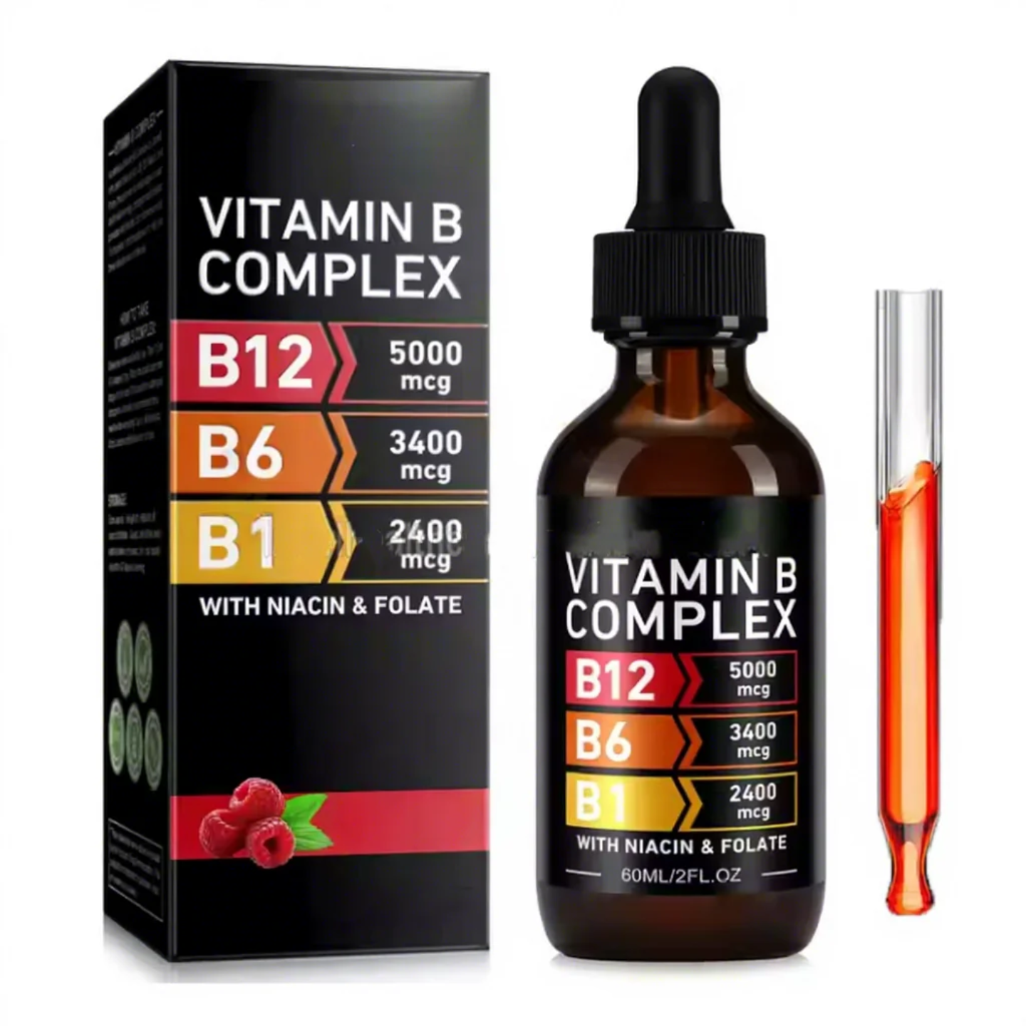 Vitamin B Complex liquid drops 60mL raspberry bottle with dropper and retail box, B12 5000mcg B6 3400mcg B1 2400mcg with niacin and folate