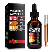 Vitamin B Complex liquid drops 60mL raspberry bottle with dropper and retail box, B12 5000mcg B6 3400mcg B1 2400mcg with niacin and folate