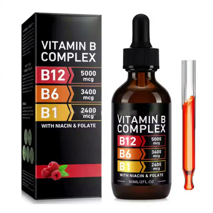 Vitamin B Complex liquid drops 60mL raspberry bottle with dropper and retail box, B12 5000mcg B6 3400mcg B1 2400mcg with niacin and folate