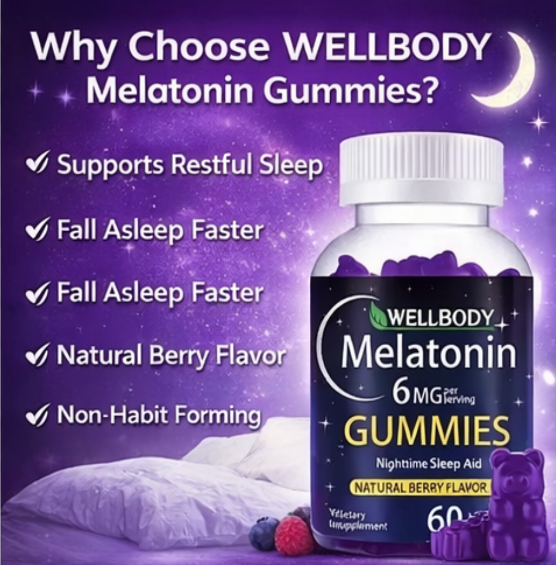 WellBody Melatonin Gummies — Sleep Support, Berry